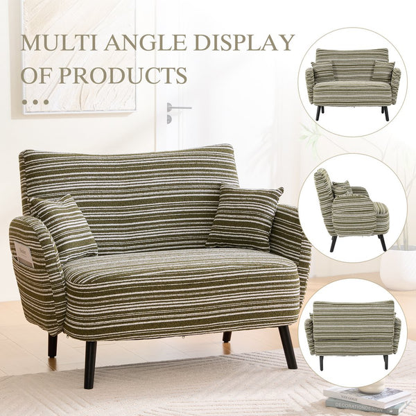 English Elm Modern tufted two-seater sofa with boucle upholstery, tapered legs, storage pockets, cozy compact design Olive Green W395P376589
