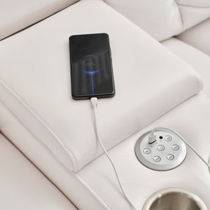 English Elm Ms Five Seat Power Reclining Sectional Faux Leather with Led Bluetooth Usb Charging White W1805S00183