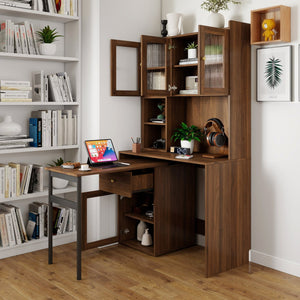 English Elm Computer Desk with Glass Doors, Hutch & Drawer Storage, Rotating 90° Desktop and Spacious Work Surface Walnut W331S00195
