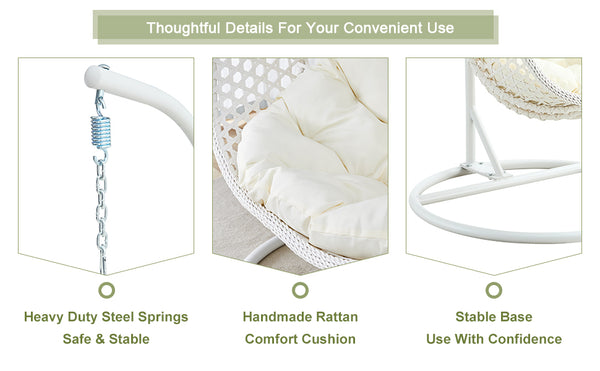 English Elm 76.8-inch Hand Woven Rattan Egg Swing Chair Indoor Outdoor with Cushion Lumbar Pillow White W1512P498593