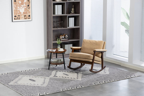 English Elm Mid Century Modern Rocking Chair Solid Wood Frame Upholstered Seat with Lumbar Cushion Khaki W2530P419012