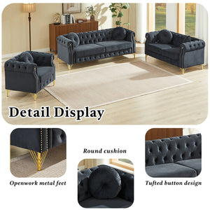 English Elm Velvet Tufted Chesterfield Sofa with Copper Stud Trim and Gold Metal Legs Black W834P423610