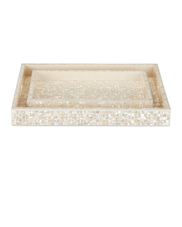Currey & Company Gerri Dot Mother Of Pearl Tray Set Of 2 - Elegant Decorative Trays For Serving & Displaying Items White Mother Of Pearl ,Wood 1200-1020-currey-company