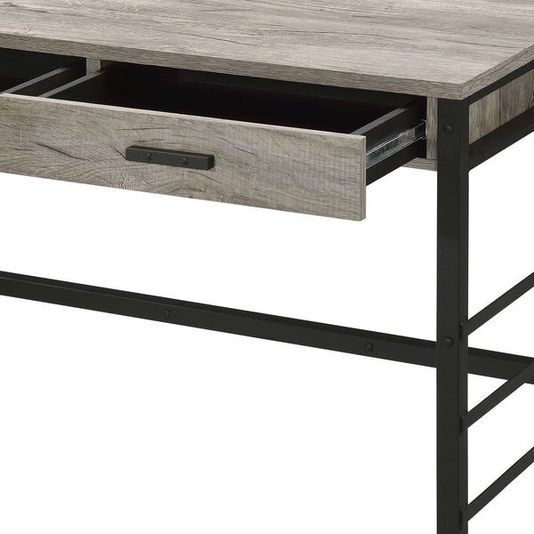 English Elm Disho Light Weathered Oak Writing Desk with USB Ports, 2 Drawers, Black Metal Ladder Base, Industrial Charm B2726P255313