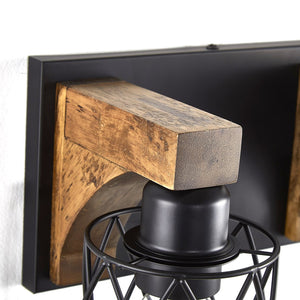 English Elm 4-light Industrial Farmhouse Vanity Bar Wood Backplate Matte Black Cage Bathroom Sconce T3963P458304