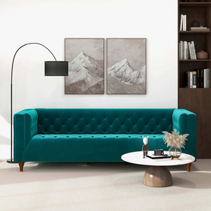 English Elm Ashcroft Furniture - Evelyn Mid Century Modern Teal Velvet Luxury Chesterfield Sofa