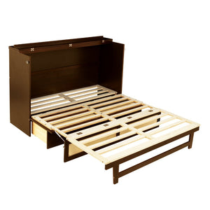 English Elm Queen Size Murphy Bed - Stylish Walnut Pine Cabinet With Rattan Accents & Full-Width Storage Drawer W504S00231-GIGA