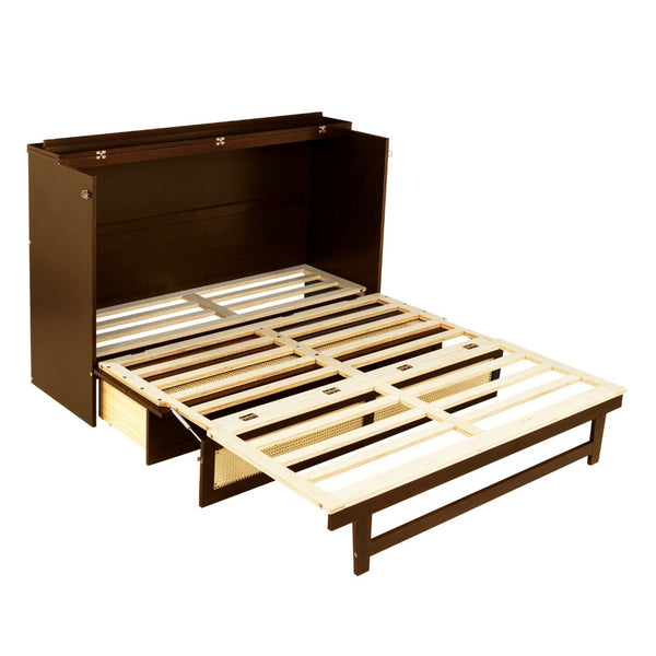 English Elm Queen Size Murphy Bed - Stylish Walnut Pine Cabinet With Rattan Accents & Full-Width Storage Drawer W504S00231-GIGA