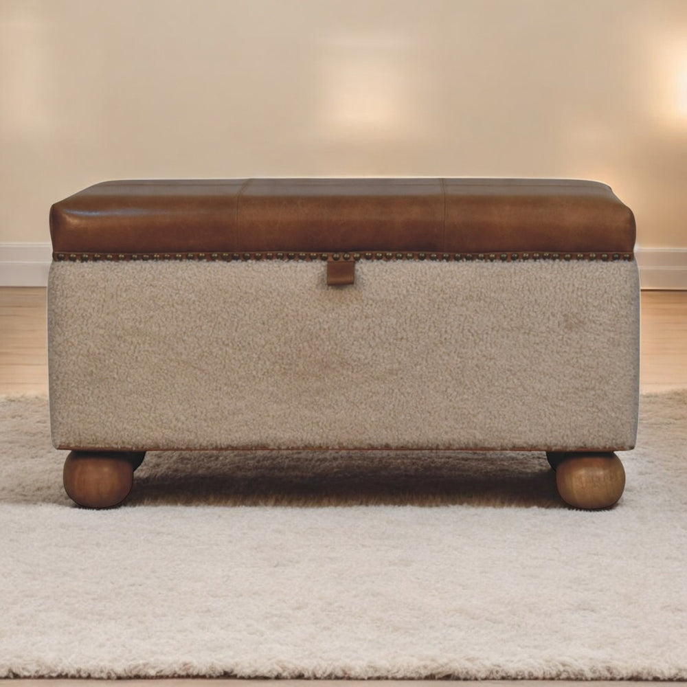English Elm Boucle Buffalo Leather & Bouclé Storage Ottoman with Hand-Turned Wood Feet — Rustic Modern Chest B182P294022