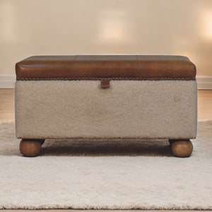 English Elm Boucle Buffalo Leather & Bouclé Storage Ottoman with Hand-Turned Wood Feet — Rustic Modern Chest B182P294022