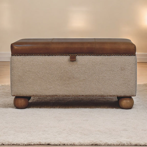 English Elm Boucle Buffalo Leather & Bouclé Storage Ottoman with Hand-Turned Wood Feet — Rustic Modern Chest B182P294022