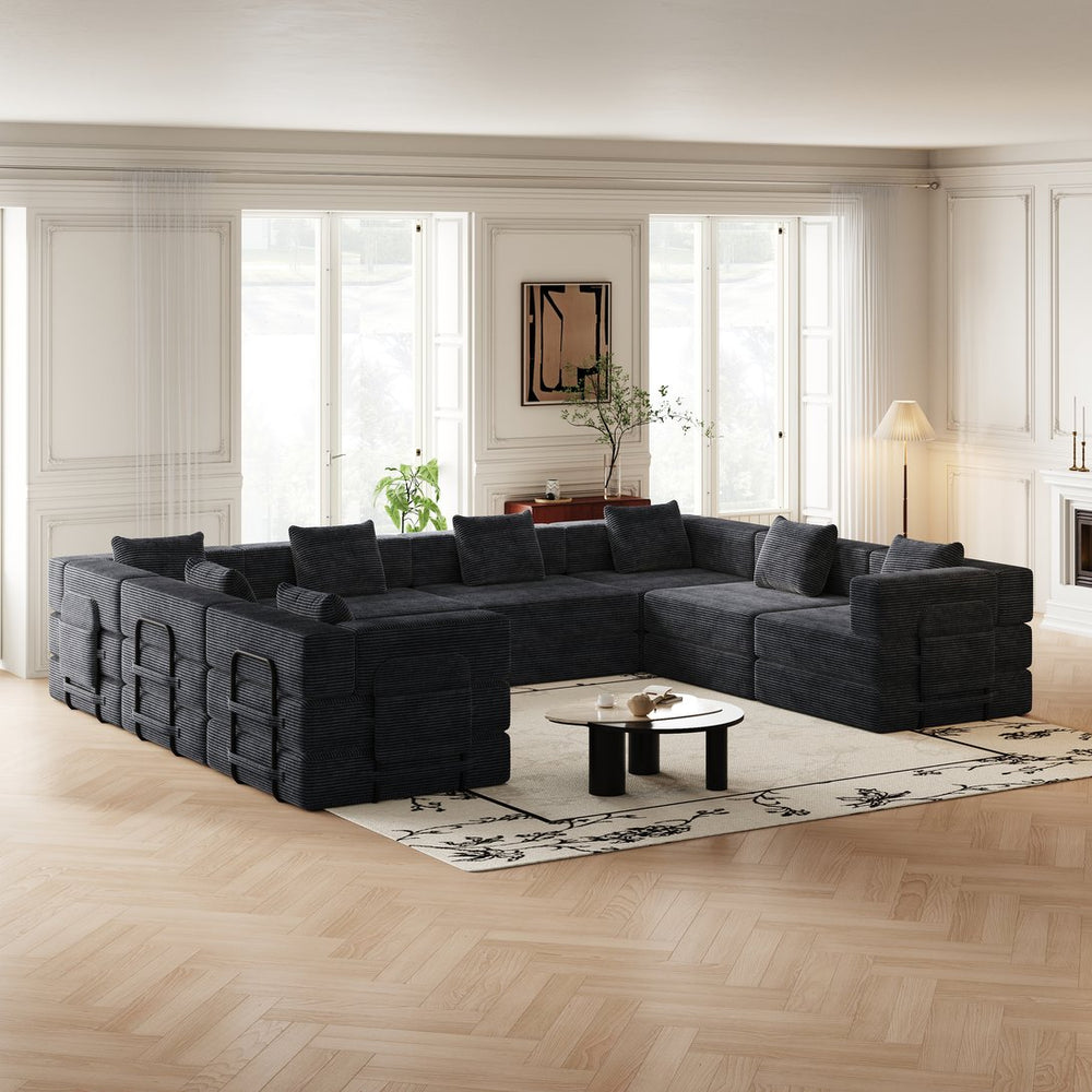 English Elm 8 Seater Corduroy Floor Sofa Bed with Storage Pockets and High-density Foam Fill W3505S00022