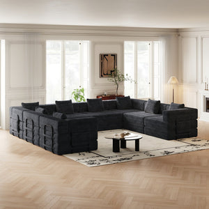 English Elm 8 Seater Corduroy Floor Sofa Bed with Storage Pockets and High-density Foam Fill W3505S00022