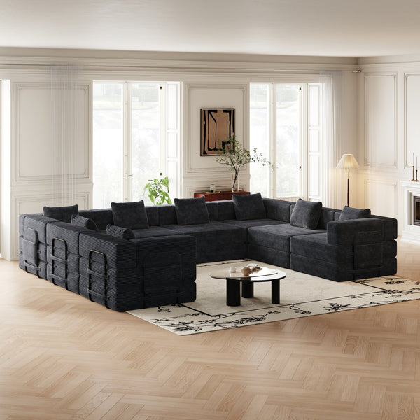 English Elm 8 Seater Corduroy Floor Sofa Bed with Storage Pockets and High-density Foam Fill W3505S00022