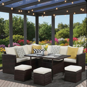 English Elm 7 Piece Outdoor Wicker Dining Set Modular Sectional Sofa Ottomans and Patio Table Ivory B082S00075