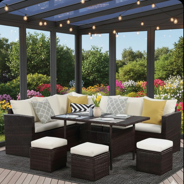 English Elm 7 Piece Outdoor Wicker Dining Set Modular Sectional Sofa Ottomans and Patio Table Ivory B082S00075