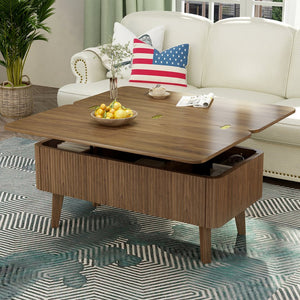 English Elm 3 in 1 Oval Lift Top Coffee Table Fluted Wood Storage Converts for Living Room W2641P422965