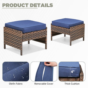 English Elm Outdoor Handwoven Pe Wicker Ottoman Set Rust Resistant Patio Footrests with Cushions Blue T3773P417377