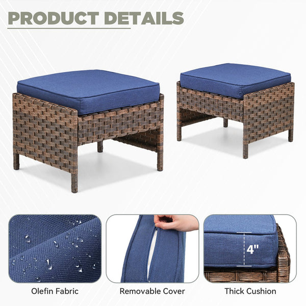 English Elm Outdoor Handwoven Pe Wicker Ottoman Set Rust Resistant Patio Footrests with Cushions Blue T3773P417377