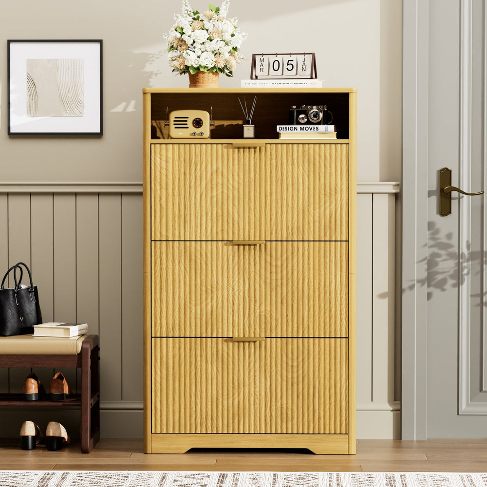 English Elm Shoe Cabinet Slim Entryway Organizer with Flip Compartments Wave Front and Gold Hardware Natural W1162P384348