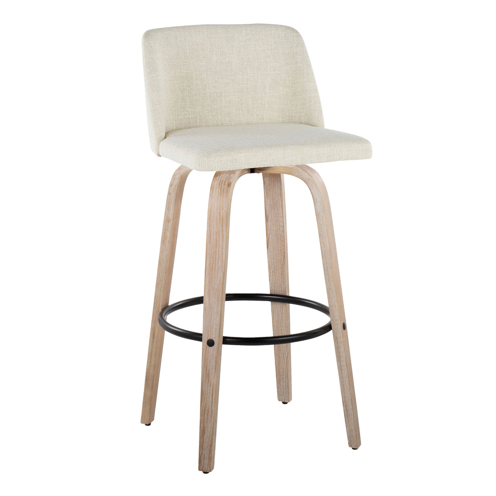 English Elm Fixed-height Barstools Whitewashed Bent Wood Cream Upholstered Seat Black Footrest Pair B202S00666