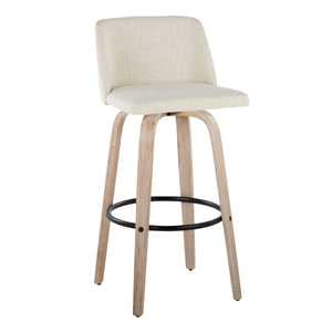 English Elm Fixed-height Barstools Whitewashed Bent Wood Cream Upholstered Seat Black Footrest Pair B202S00666