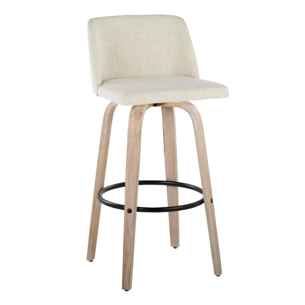 English Elm Fixed-height Barstools Whitewashed Bent Wood Cream Upholstered Seat Black Footrest Pair B202S00666