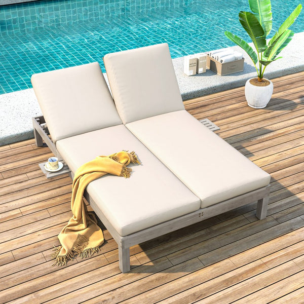 English Elm Trexm Acacia Wood Double Chaise Lounge Outdoor with Folding Trays and Foam Cushions TM000015AAE