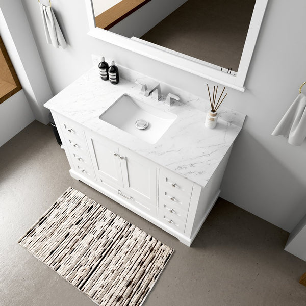 English Elm White Single Bath Vanity 48 in. W x 22 in. D with Carrara Marble Top, 9 Drawers, Soft-Close, Mirror Included B2731S00648