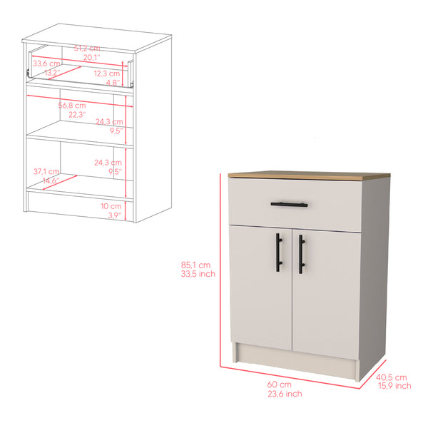 English Elm Pantry Netal Cabinet in Ivory & Natural Oak — Compact 33.5" H Storage with Countertop, Drawer & Shelves B092P243275