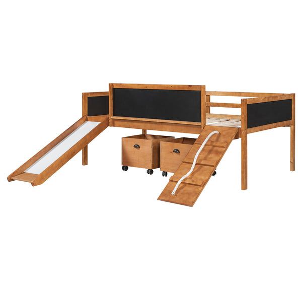 English Elm Twin Kids Loft Bed Solid Pine Frame with Slide Chalkboard and Climbing Rope Play Zone Natural N708P340493D