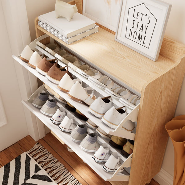 English Elm Shoes Storage Cabinet Slim Flip Door Entryway Organizer with Natural Wood Legs 16 Pairs W3166P268391