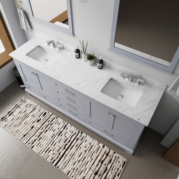 English Elm Dark Grey Double Bath Vanity With Carrara Marble Top, Chrome Faucets & Mirrors - Stylish Storage Solution B2731S01031
