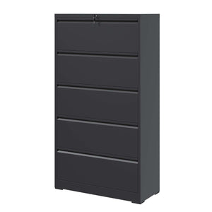 English Elm 5 Drawer Steel Lateral Filing Cabinet Lockable Home Office Organizer Matte Finish Black T2398S00005