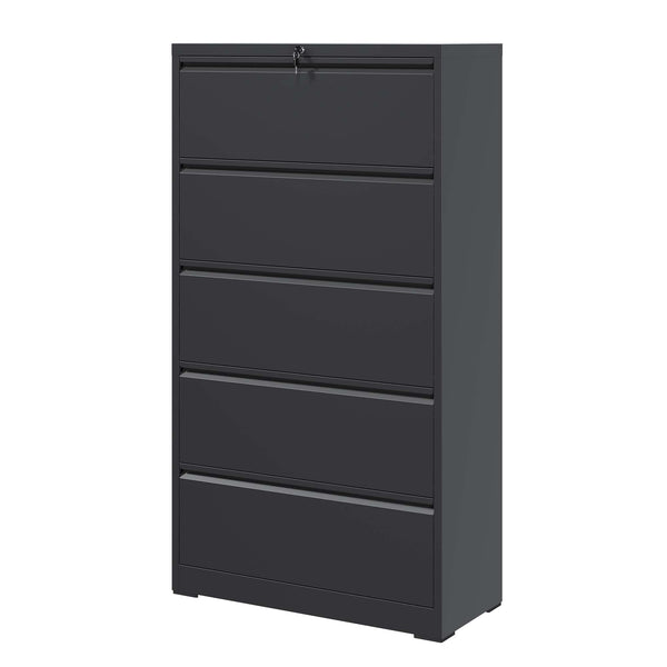 English Elm 5 Drawer Steel Lateral Filing Cabinet Lockable Home Office Organizer Matte Finish Black T2398S00005