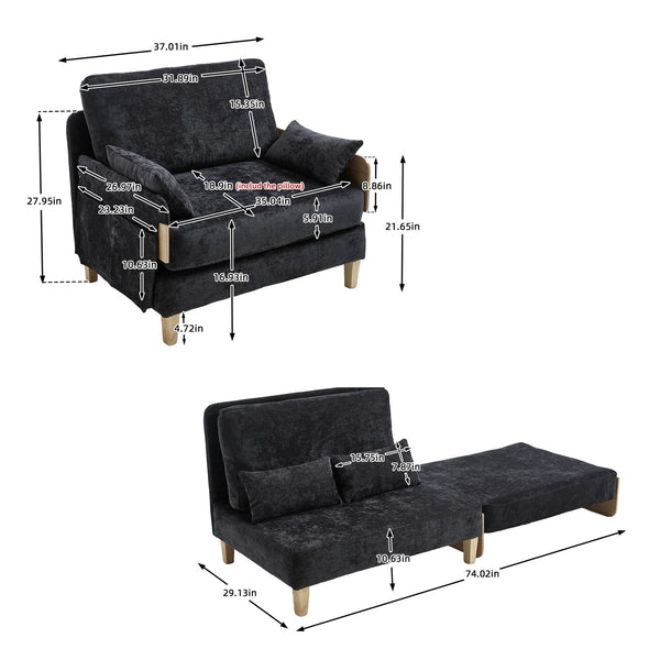 English Elm Foldable mid-century sleeper sofa bed recliner 3-in-1 convertible for small spaces with pillows and storage Black W395P290560