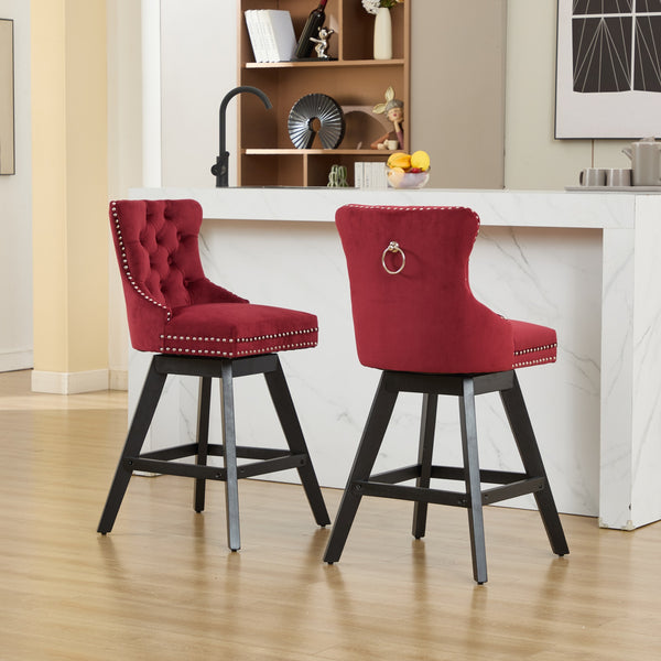English Elm Swivel Velvet Barstools with Supportive Curved Back, Thick Foam & Spring Seat, 360° Rotation, Sturdy Wooden Frame WINE RED W1143P369088