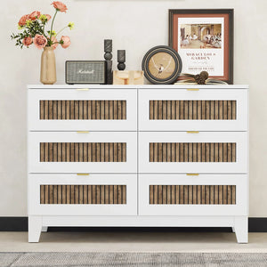 English Elm Rustic Farmhouse Wooden Dresser with 6 Drawers and Metal Handles — Spacious Storage, Stylish Bedroom Accent White 52.17 L x 18.5 W x 11.81 H WF530908AAK