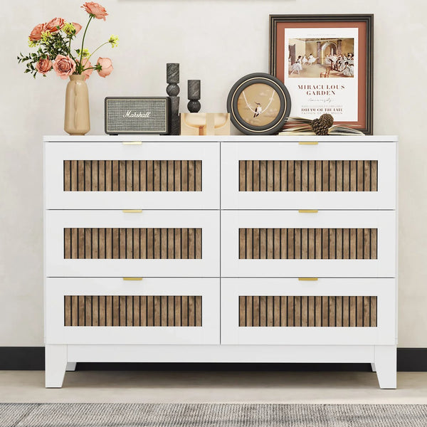 English Elm Rustic Farmhouse Wooden Dresser with 6 Drawers and Metal Handles — Spacious Storage, Stylish Bedroom Accent White 52.17 L x 18.5 W x 11.81 H WF530908AAK
