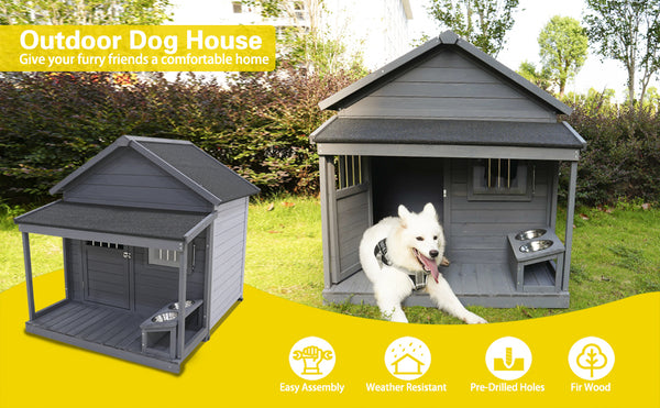 English Elm Large Breed Outdoor Doghouse Solid Fir Wood Covered Porch Weatherproof Asphalt Roof W1431S00004