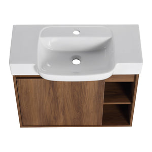 English Elm 28'' 28" Wall-Mounted Bathroom Vanity with White Ceramic Sink, Soft-Close Door, Open Shelves, KD-Pack W999P263409
