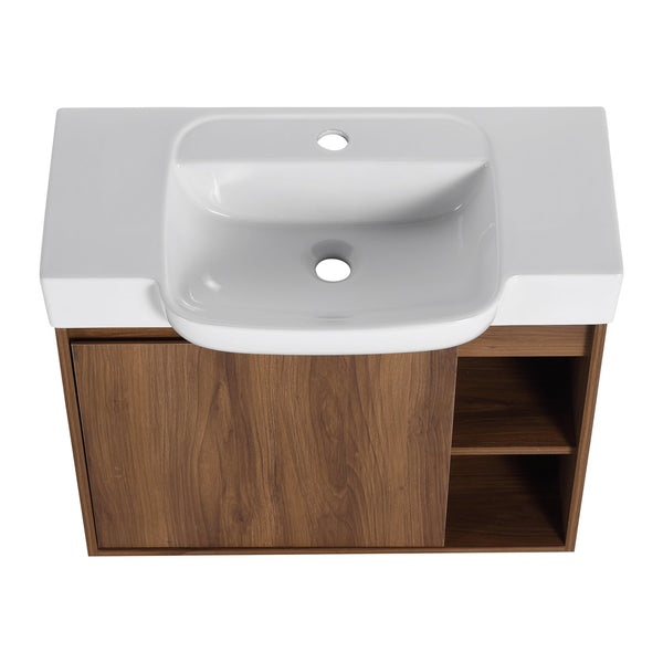 English Elm 28'' 28" Wall-Mounted Bathroom Vanity with White Ceramic Sink, Soft-Close Door, Open Shelves, KD-Pack W999P263409