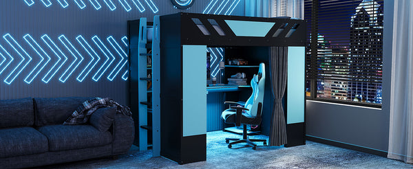 English Elm Full Size Loft Bed with Desk Blackout Curtains Rgb Lighting and Integrated Storage Black+Blue LT000377AAC