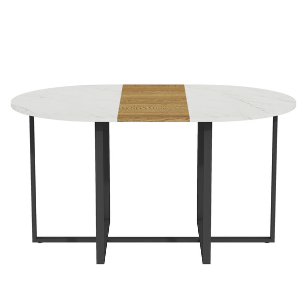 English Elm 7-piece Oval Dining Set Two-tone Marble Tabletop with Pu Leather Chairs for Six White,Wood W3875S00091