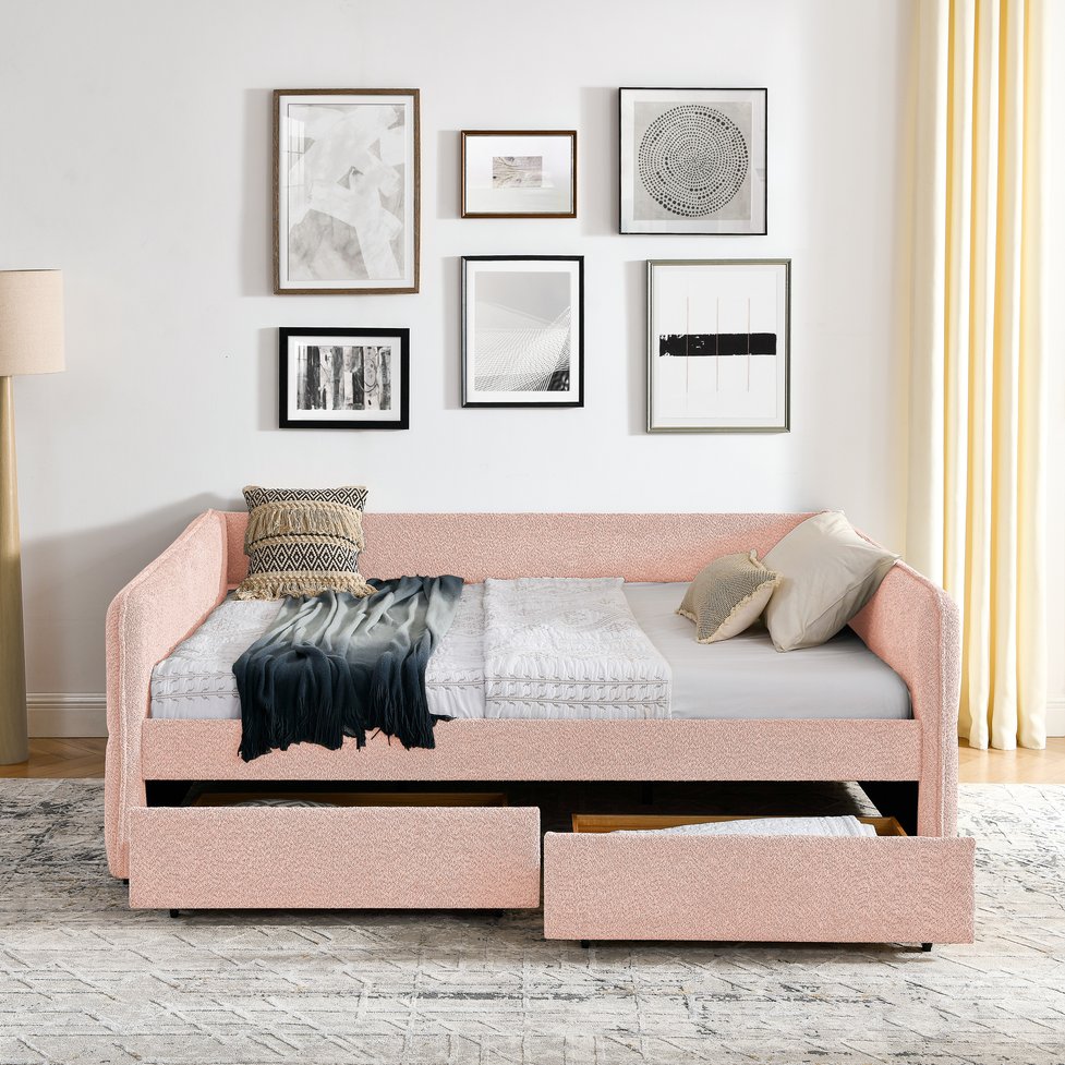 English Elm Queen Boucle Tufted Daybed Sofa with Storage Drawers Eucalyptus Frame Guest Room Pink W1413S00178