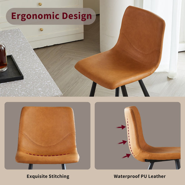 English Elm Faux Leather Counter Stools Set of Two Ergonomic Curved Back Metal Frame Kitchen Seating Cognac W5096P400395