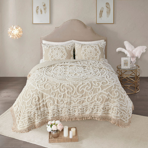 English Elm Tufted Cotton Chenille Medallion Fringe Coverlet King/Cal King Set — Boho Shabby Chic, OEKO-TEX Certified Quality B035129048