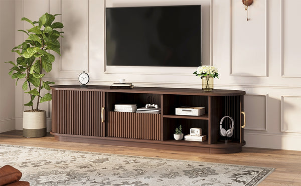 English Elm Vintage Farmhouse Media Console with Slatted Sliding Doors and Brass Hardware for Living Room Walnut N721P427206P