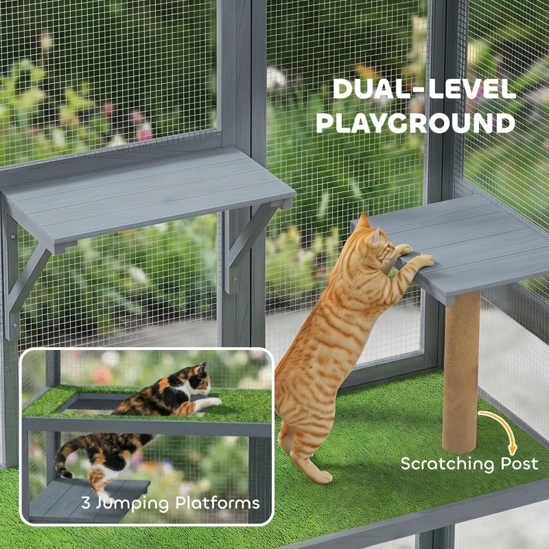 English Elm Wall-mounted Fir Wood Cat Enclosure with Dual Levels Mesh Panels and Waterproof Roof T3971P502078