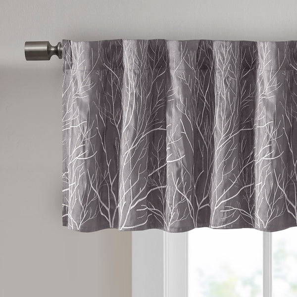 JLA Home Madison Park - Faux Embroidered Tree Branch Window Valance in Lustrous Silk-Look Fabric with Lined Privacy Drapery Grey MP41-4573